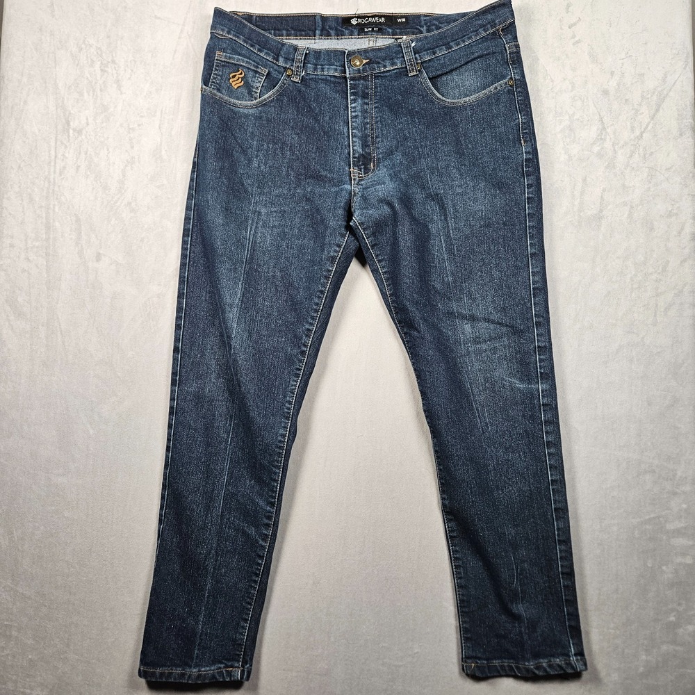 Rocawear Jeans Mens 38x28 Slim Fit Dark Wash Embroidered Pocket Streetwear Logo - Picture 3 of 12
